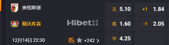 德甲 22:30  奥格斯堡[13] - 勒沃库森[3]